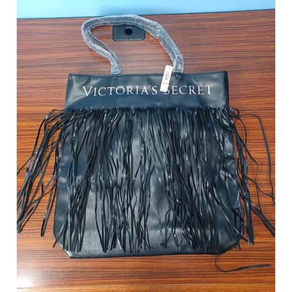 Victoria's Secret Black Handbag Tote Big Fringe NWT Hobo Fun Diva Sexy Fun - Picture 1 of 10